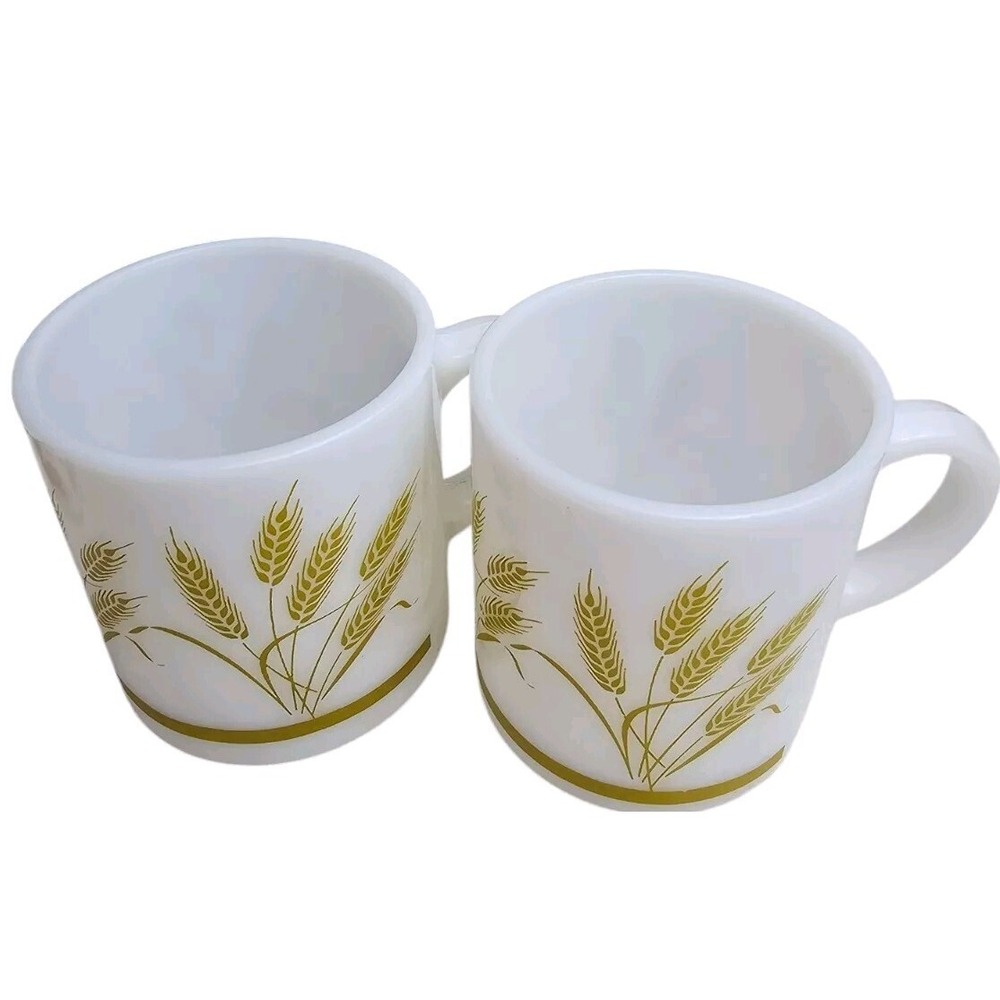 2 Vintage Hazel Atlas Milk Glass Mug Golden‎ Harvest Wheat Pattern 50's Stacking